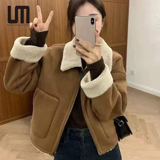 Liu Ming Popular Fashion 2024 Autumn Winter Women Thick Jacket Warm Outwear Patchwork Faux Lamb Wool Fur Plus Size Coat