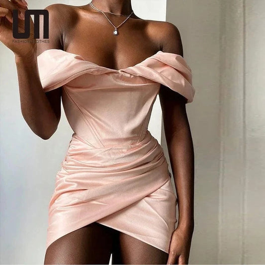 Liu Ming Popular Products 2024 New Arrivals Sexy Lady Off The Shoulder Satin Celebrity Evening Party Club Bodycon Mini Dress