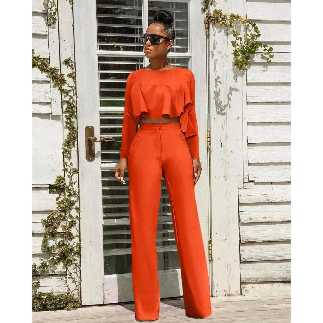 Liu Ming Popular Women Casual Custom Printed Long Sleeve O Neck Two Piece Tops Wide Leg Long Pants Set