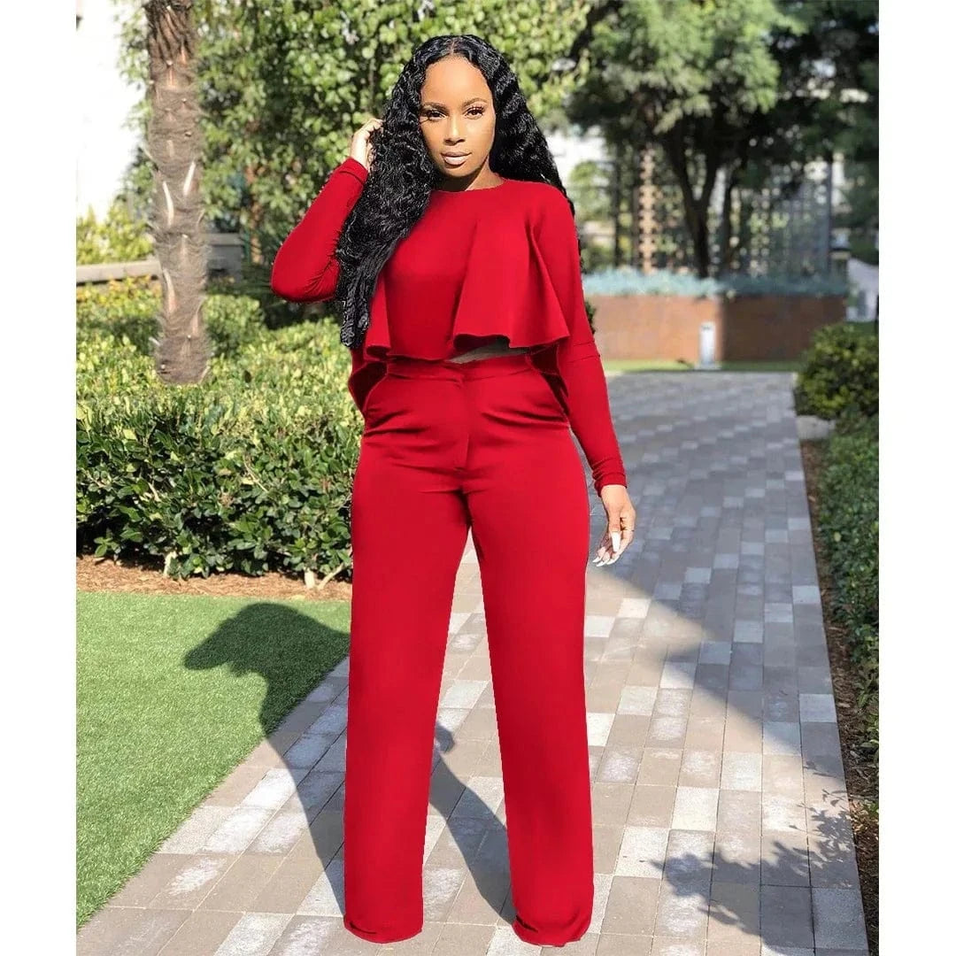 Liu Ming Popular Women Casual Custom Printed Long Sleeve O Neck Two Piece Tops Wide Leg Long Pants Set