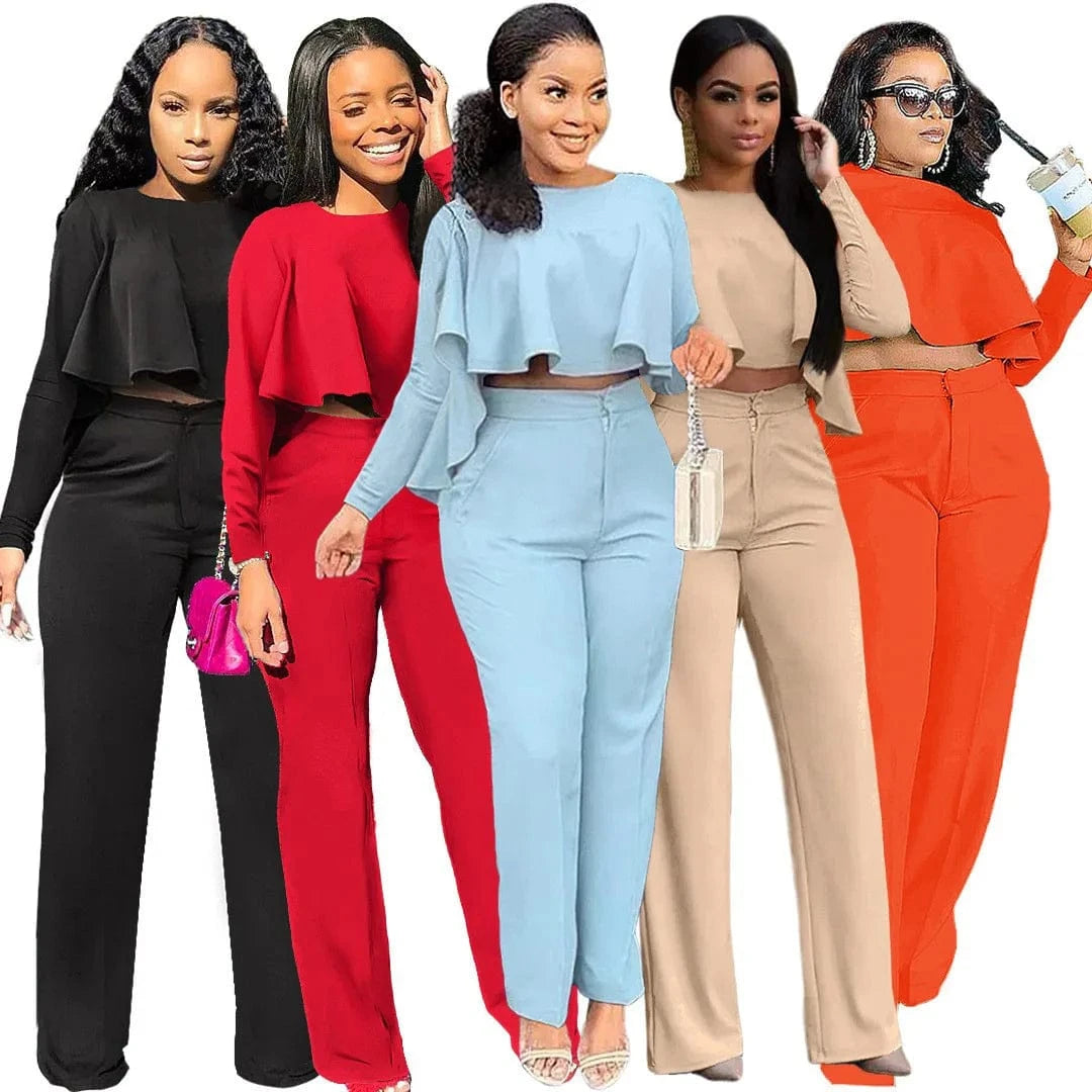 Liu Ming Popular Women Casual Custom Printed Long Sleeve O Neck Two Piece Tops Wide Leg Long Pants Set