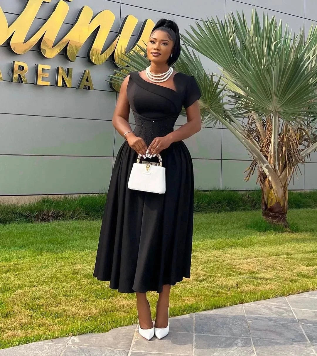 Liu Ming Spring Summer Fashion 2024 Elegant Women Casual Short Sleeve High Waist Pleated Party Midi A Line Dress