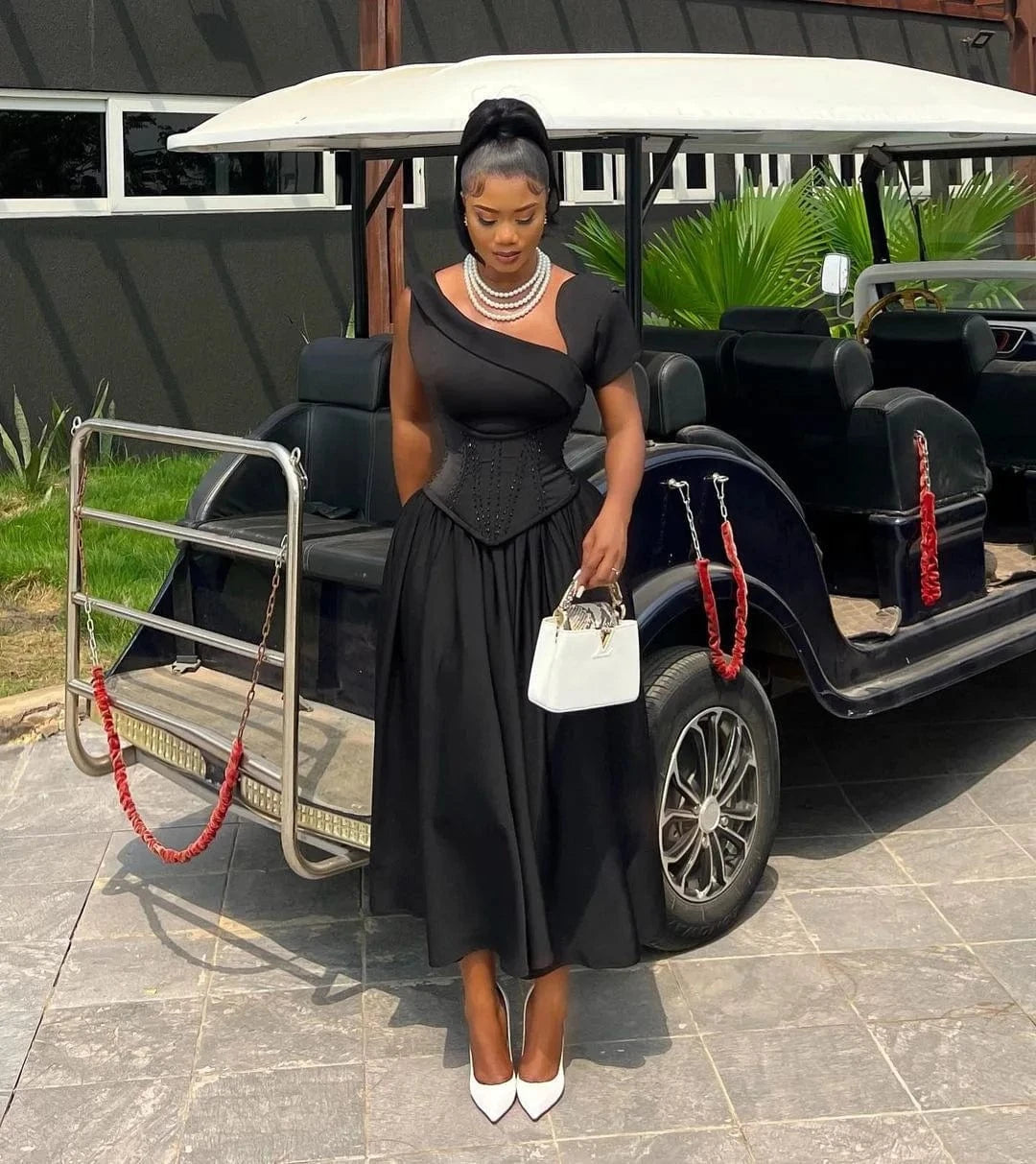 Liu Ming Spring Summer Fashion 2024 Elegant Women Casual Short Sleeve High Waist Pleated Party Midi A Line Dress