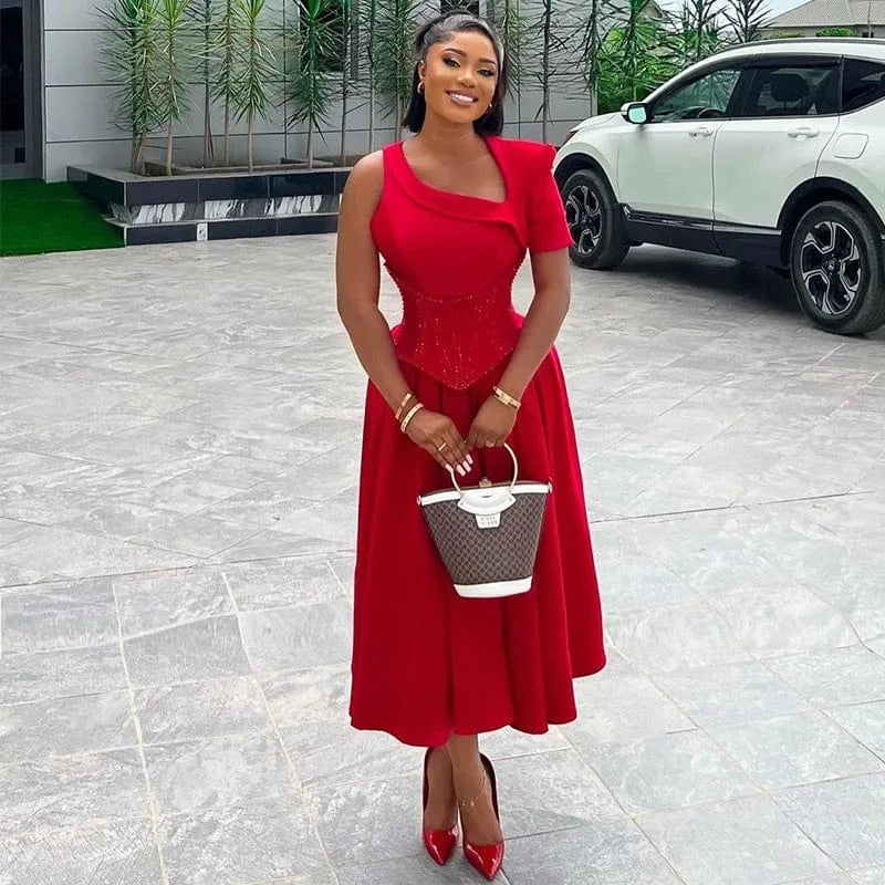 Liu Ming Spring Summer Fashion 2024 Elegant Women Casual Short Sleeve High Waist Pleated Party Midi A Line Dress