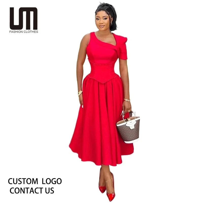 Liu Ming Spring Summer Fashion 2024 Elegant Women Casual Short Sleeve High Waist Pleated Party Midi A Line Dress