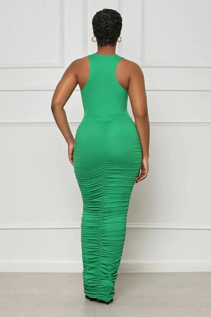 Liu Ming Spring Summer Fashion 2024 Women Casual Crew Neck Sleeveless Solid Pleated Bodycon Maxi Dress