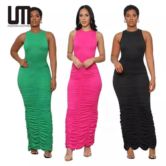 Liu Ming Spring Summer Fashion 2024 Women Casual Crew Neck Sleeveless Solid Pleated Bodycon Maxi Dress