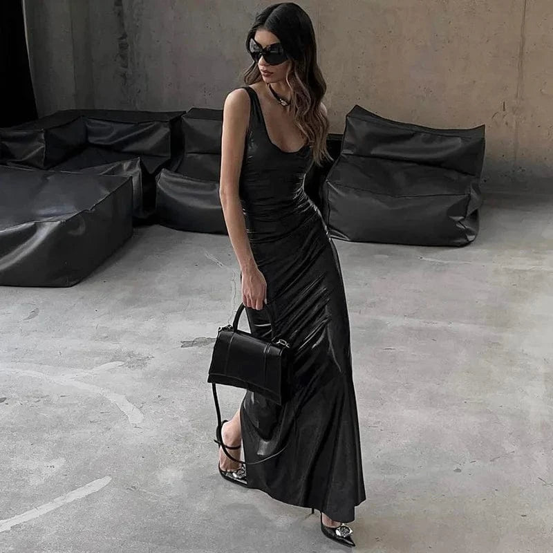 Liu Ming Trends 2024 Spring Women Fashion Pu Leather Sleeveless Straps Black Slit Sexy Bodycon Maxi Prom Dress