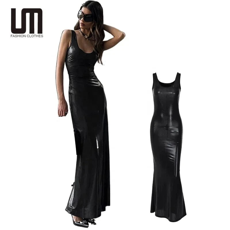 Liu Ming Trends 2024 Spring Women Fashion Pu Leather Sleeveless Straps Black Slit Sexy Bodycon Maxi Prom Dress