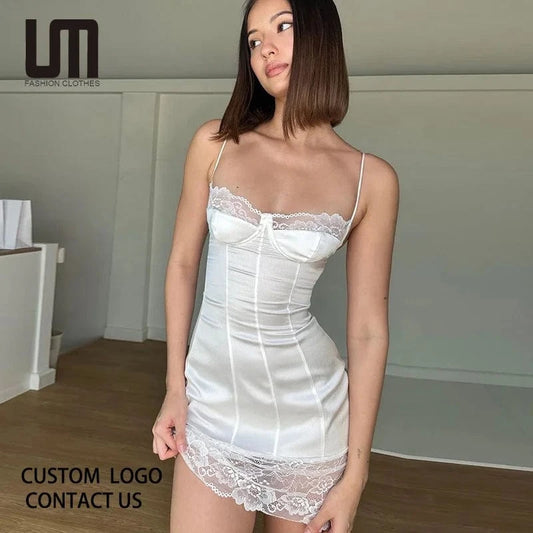Liu Ming Valentines Day Gift 2024 Spring Women Sexy Spaghetti Shoulder Strap Sleeveless White Satin Lace Patchwork Mini Dress