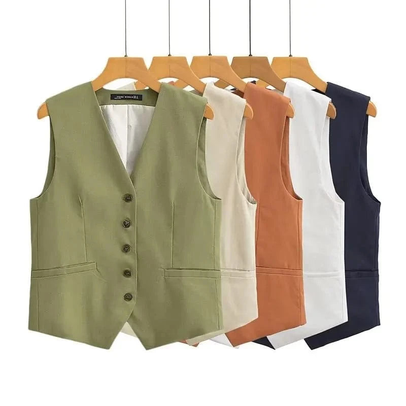 Liu Ming Wholesale 2024 New Arrivals Summer Woman Solid V Neck Sleeveless Single Breasted Vests High Waist Shorts Pants Set