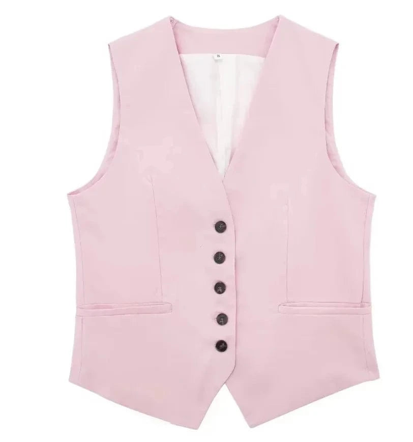 Liu Ming Wholesale 2024 New Arrivals Summer Woman Solid V Neck Sleeveless Single Breasted Vests High Waist Shorts Pants Set