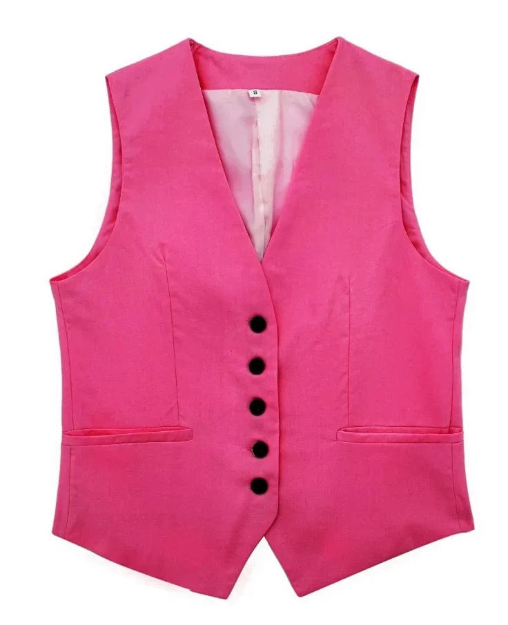 Liu Ming Wholesale 2024 New Arrivals Summer Woman Solid V Neck Sleeveless Single Breasted Vests High Waist Shorts Pants Set