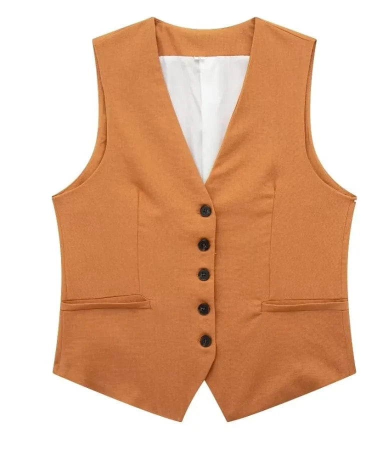 Liu Ming Wholesale 2024 New Arrivals Summer Woman Solid V Neck Sleeveless Single Breasted Vests High Waist Shorts Pants Set