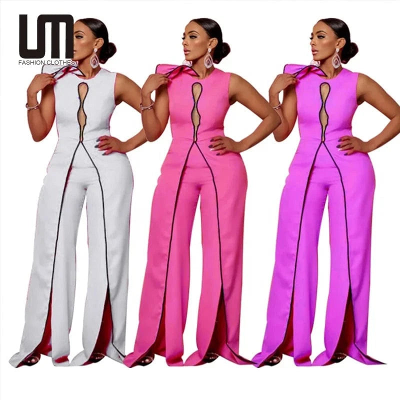 Liu Ming Wholesale 2024 New Design Women Elegant Sexy Hollow Out Sleeveless Loose Wide Leg Jumpsuit