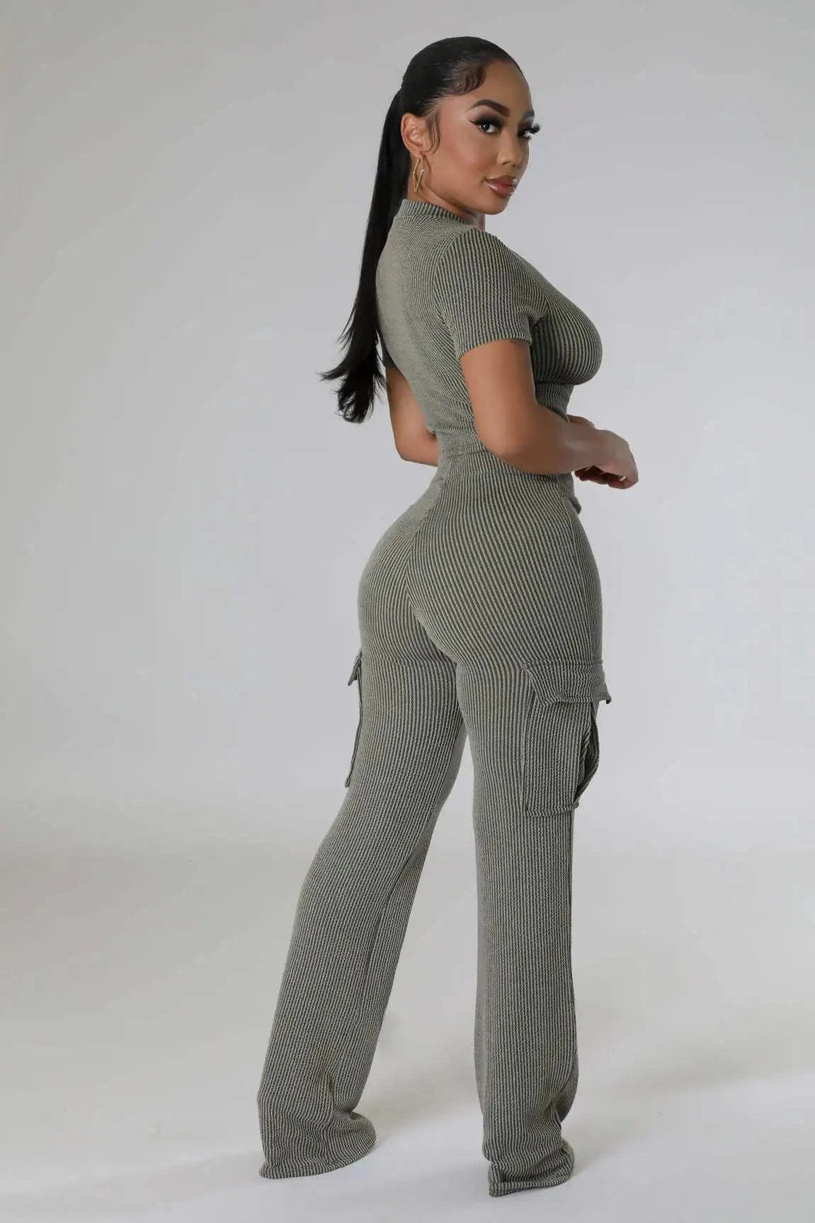 Liu Ming Wholesale 2024 Summer Women Casual Solid Color Two Piece Short Sleeve Tops High Waist Wide Leg Pants Suit