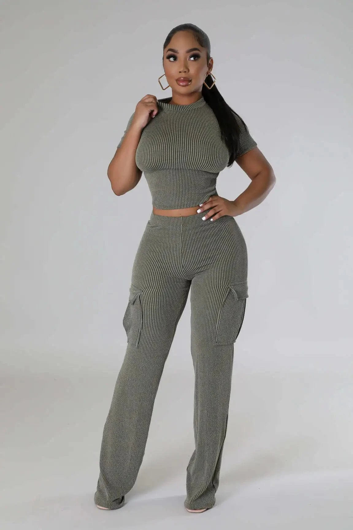 Liu Ming Wholesale 2024 Summer Women Casual Solid Color Two Piece Short Sleeve Tops High Waist Wide Leg Pants Suit