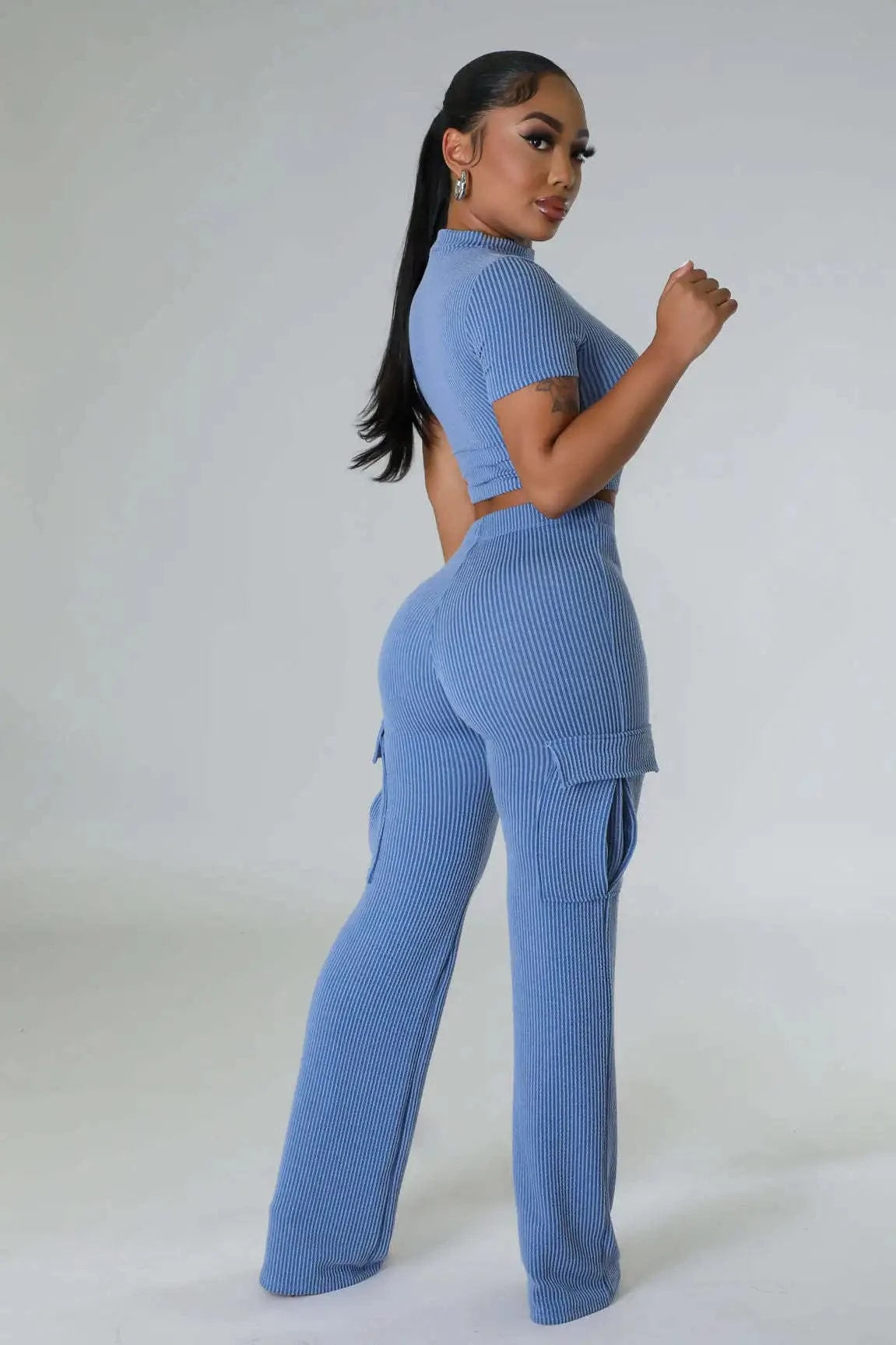 Liu Ming Wholesale 2024 Summer Women Casual Solid Color Two Piece Short Sleeve Tops High Waist Wide Leg Pants Suit