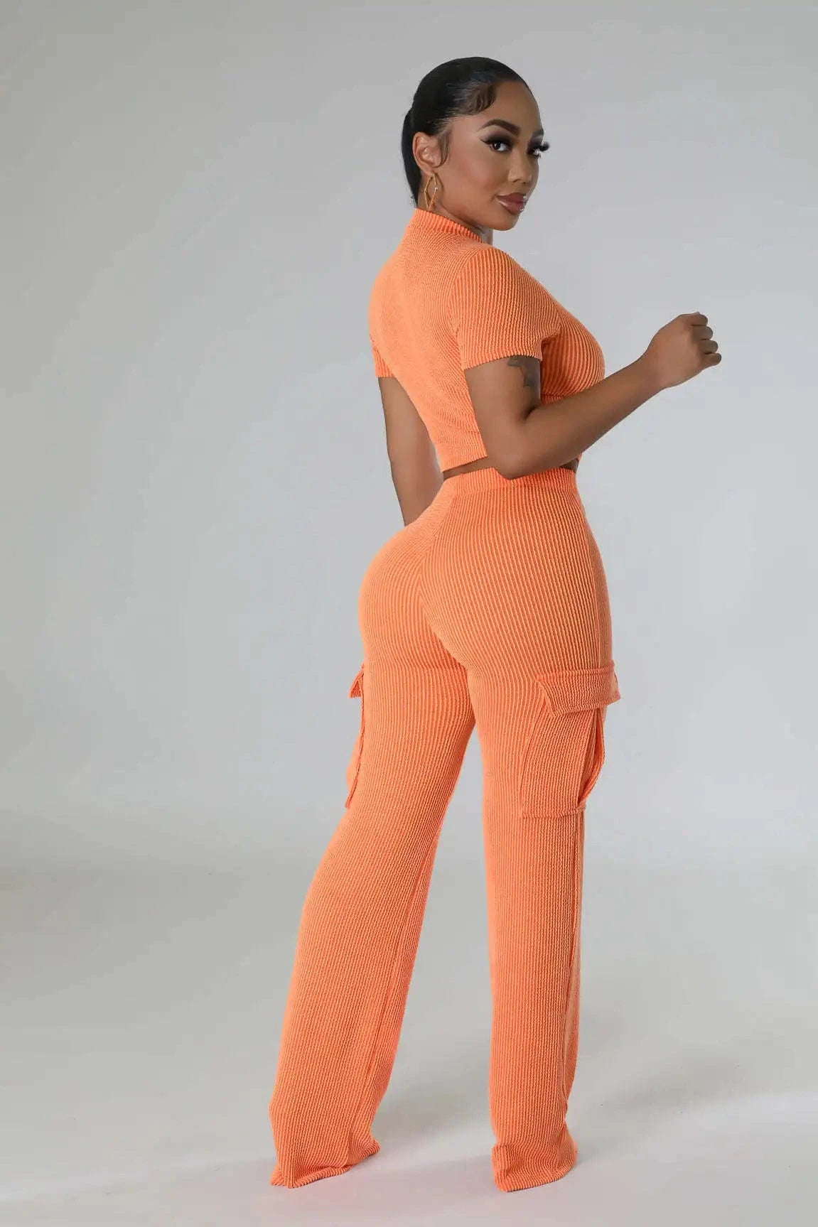 Liu Ming Wholesale 2024 Summer Women Casual Solid Color Two Piece Short Sleeve Tops High Waist Wide Leg Pants Suit