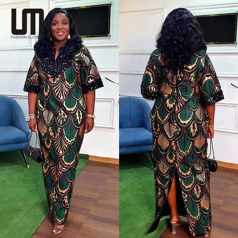 Liu Ming Wholesale African Fashion 2024 Women Clothes Traditional Flower Print Slit Caftan Abaya Robe Long Dress