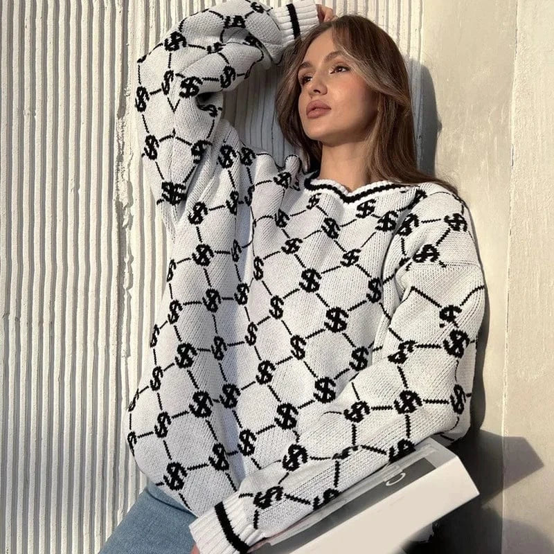 Liu Ming Winter Women Fashion New Product Casual Money Dollar Printed Pullover Sweater