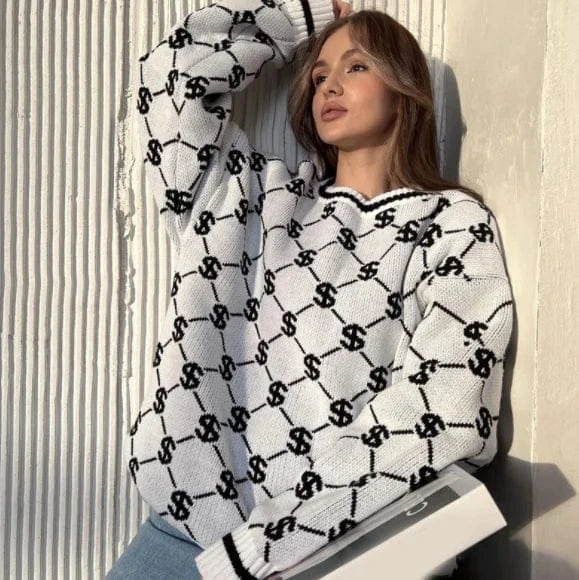Liu Ming Winter Women Fashion New Product Casual Money Dollar Printed Pullover Sweater