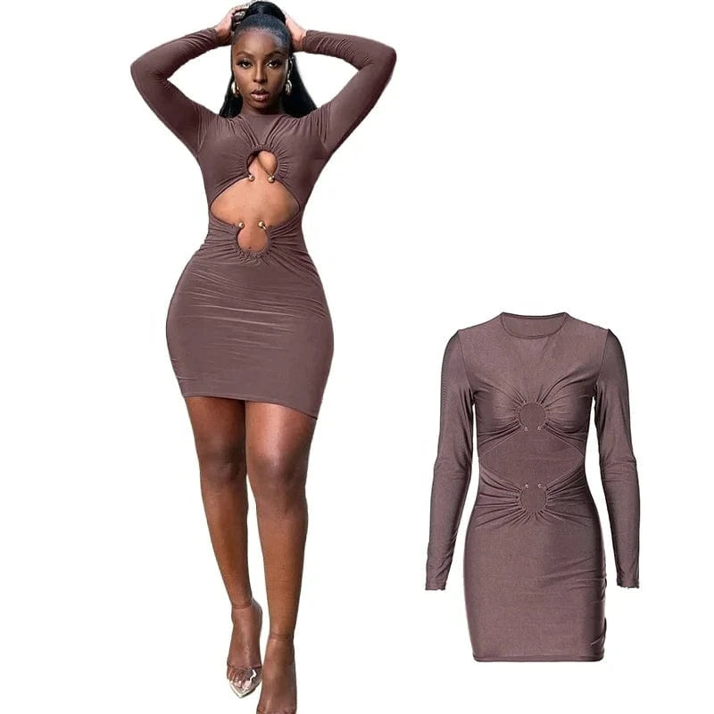 Liu Ming Women Clothes Sexy Y2K Long Sleeve Cut Out Club Party Birthday Bodycon Mini Dresses