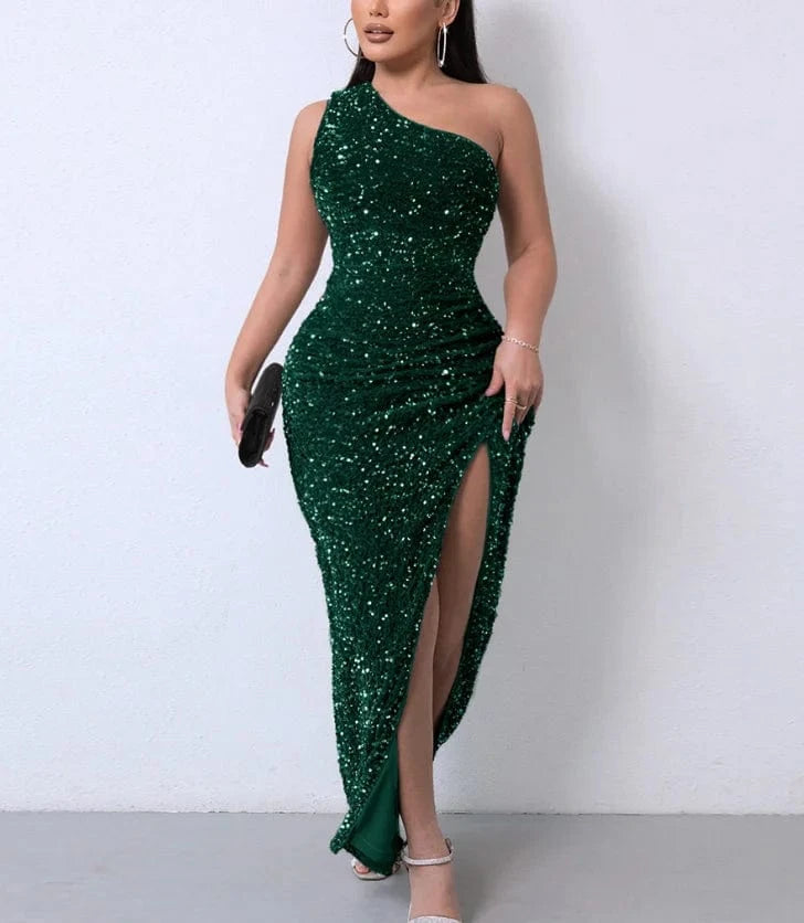 Liu Ming Women Fashion Sexy Sequins Slit Bodycon Slim Maxi Dress