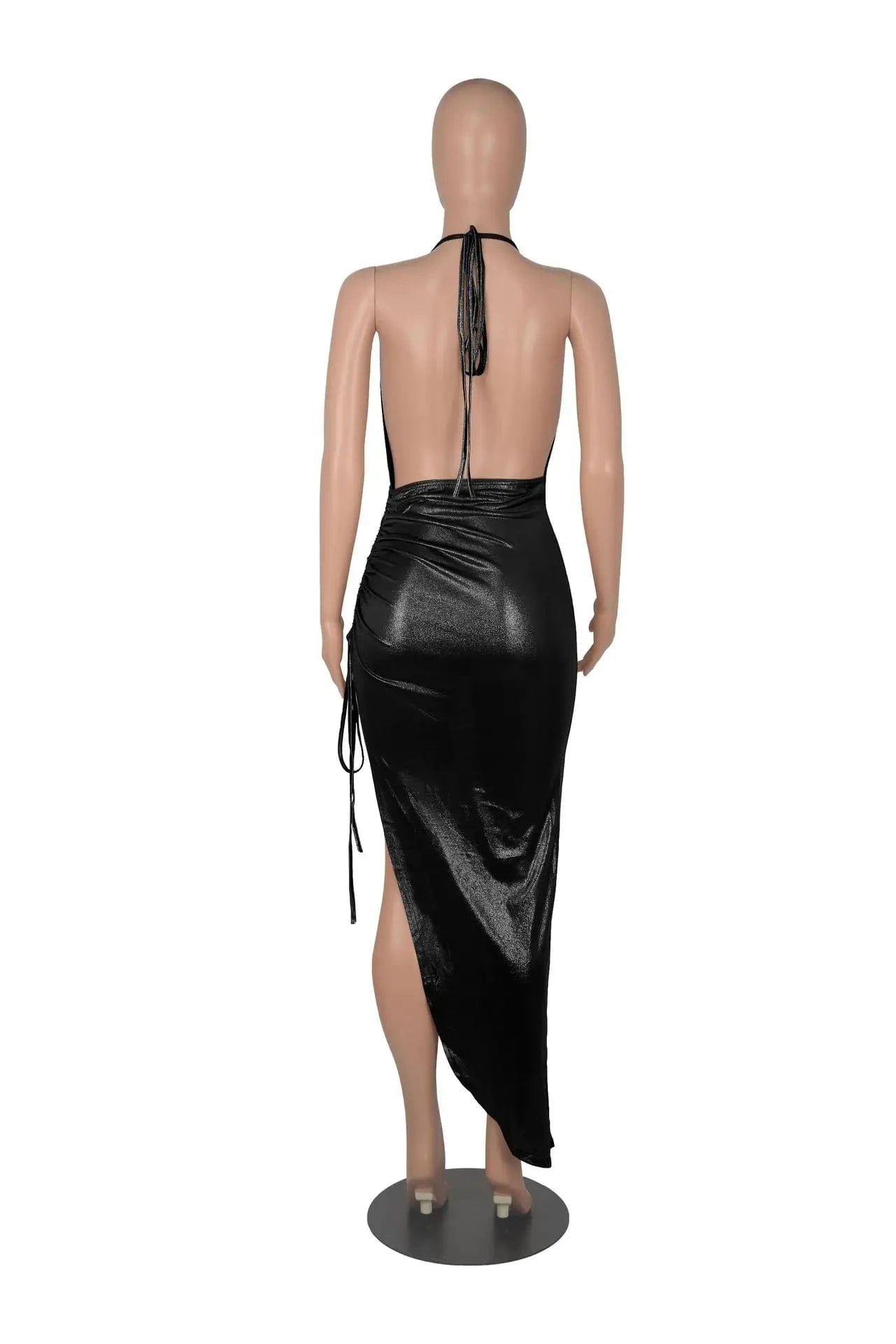 Liu Ming Women Sexy V Neck Elegant Club Party Wear Lace Up Ruffle Pleated Irregular Slit Dress