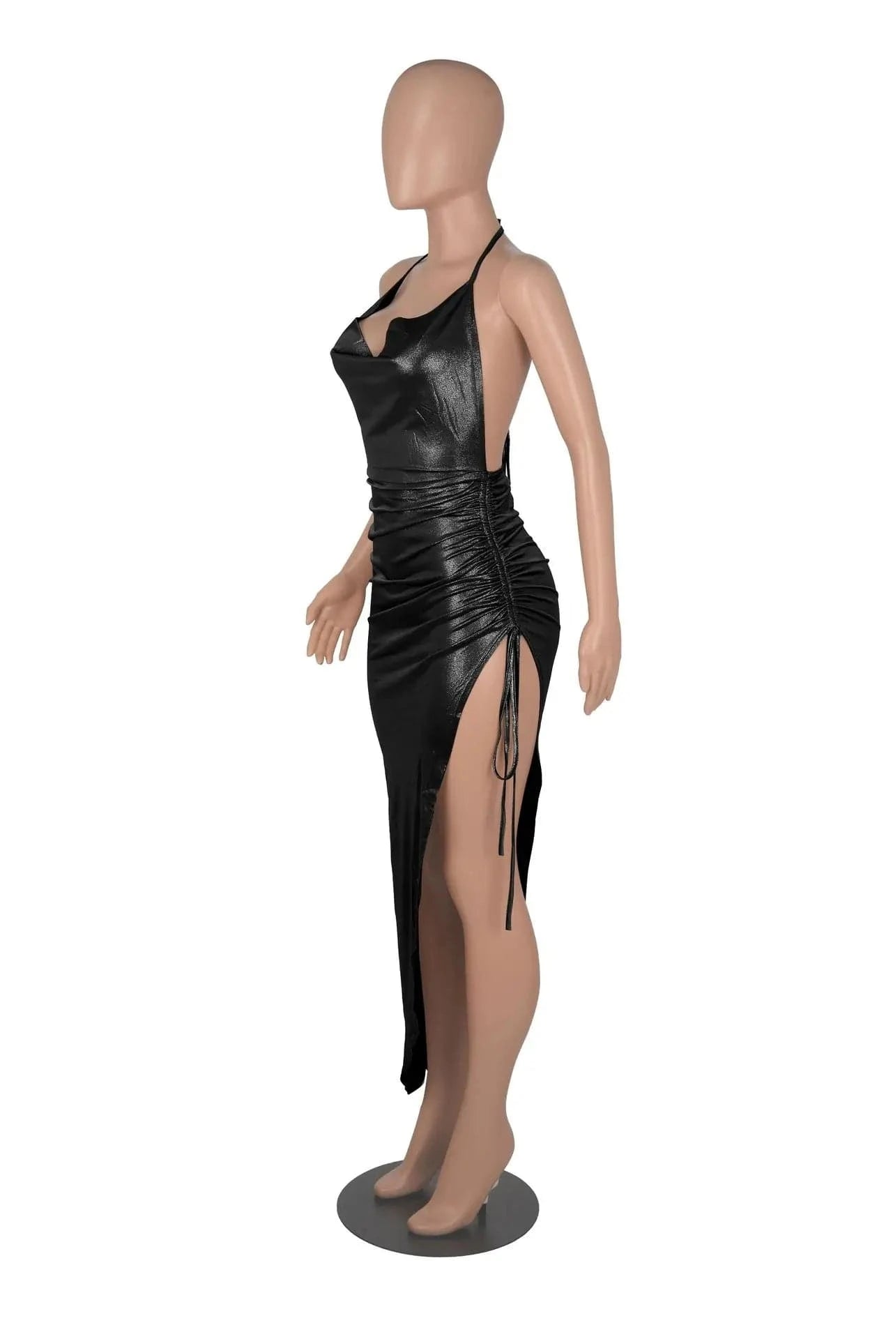 Liu Ming Women Sexy V Neck Elegant Club Party Wear Lace Up Ruffle Pleated Irregular Slit Dress