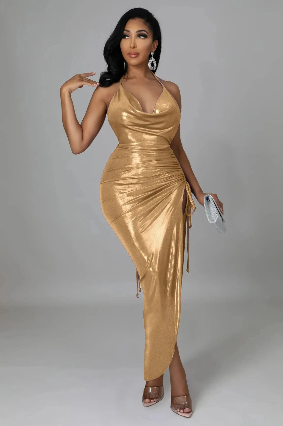 Liu Ming Women Sexy V Neck Elegant Club Party Wear Lace Up Ruffle Pleated Irregular Slit Dress