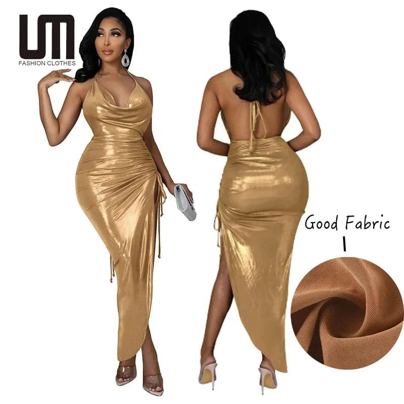 Liu Ming Women Sexy V Neck Elegant Club Party Wear Lace Up Ruffle Pleated Irregular Slit Dress