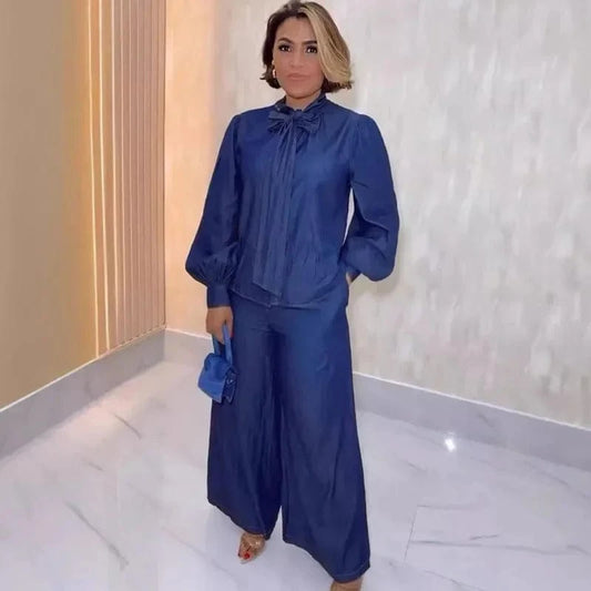 Lmitation Denim Pant Sets Womens 2 Piece Outfit Loose Fit Lantern Sleeve Bow Tie Shirt Top and Wide Leg Pants Matching Sets