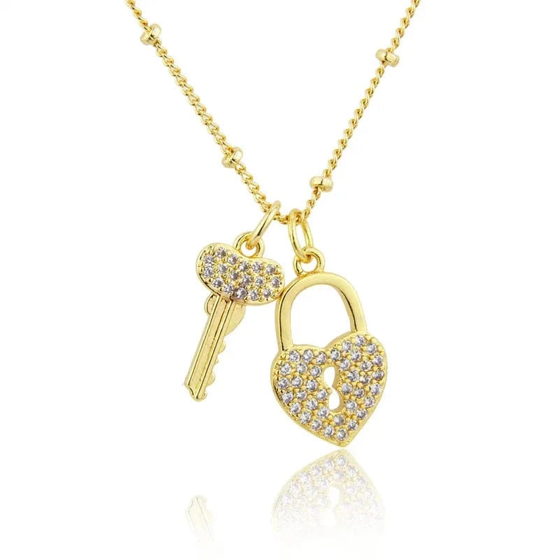 LOCK / 01 Fashion Key Lock Pendant Necklace 18K Gold Plated Copper Choker Inlaid Cubic Zirconia Clavicle Chain Jewelry