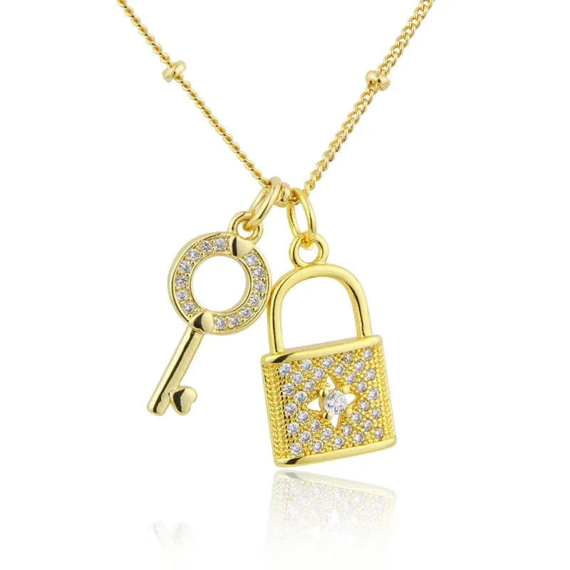 LOCK / 02 Fashion Key Lock Pendant Necklace 18K Gold Plated Copper Choker Inlaid Cubic Zirconia Clavicle Chain Jewelry