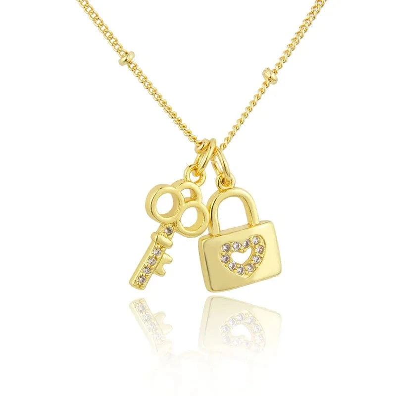 LOCK / 03 Fashion Key Lock Pendant Necklace 18K Gold Plated Copper Choker Inlaid Cubic Zirconia Clavicle Chain Jewelry