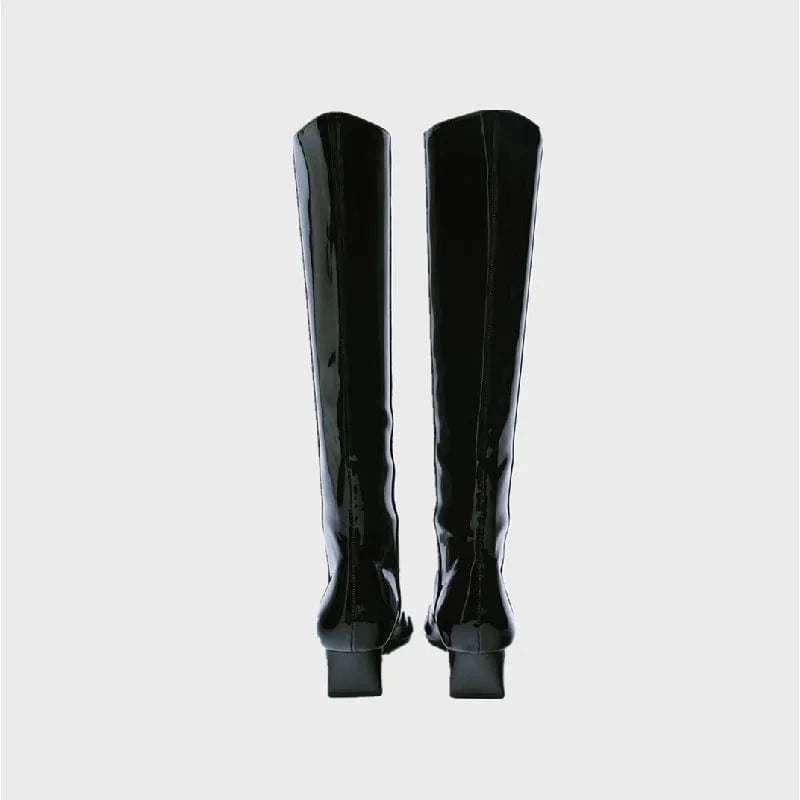 Long boots: Women's knee high Knight boots patent leather small square head thick high heels thin boots