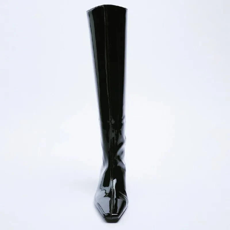 Long boots: Women's knee high Knight boots patent leather small square head thick high heels thin boots