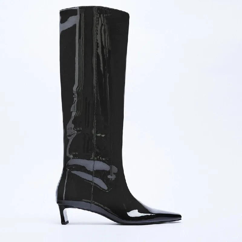 Long boots: Women's knee high Knight boots patent leather small square head thick high heels thin boots
