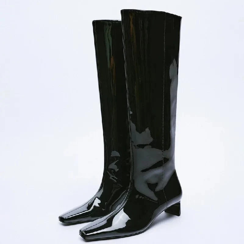 Long boots: Women's knee high Knight boots patent leather small square head thick high heels thin boots
