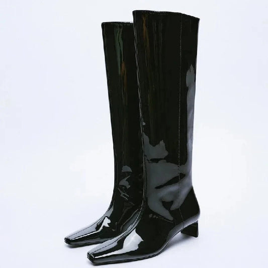Long boots: Women's knee high Knight boots patent leather small square head thick high heels thin boots