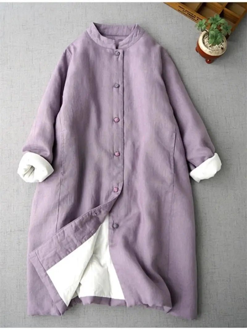 Long Cotton Coat With Standing Collar Buckle Quilted Warm Mid Length Chinese Style - SN Wigs & More
