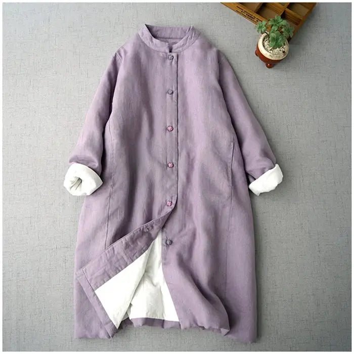 Long Cotton Coat With Standing Collar Buckle Quilted Warm Mid Length Chinese Style - SN Wigs & More