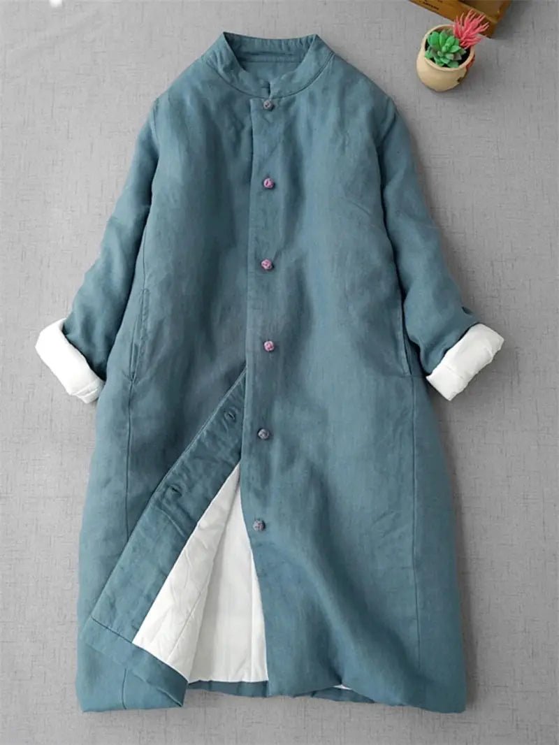 Long Cotton Coat With Standing Collar Buckle Quilted Warm Mid Length Chinese Style - SN Wigs & More