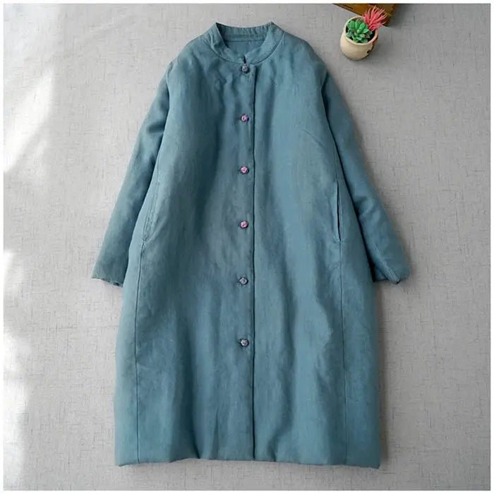 Long Cotton Coat With Standing Collar Buckle Quilted Warm Mid Length Chinese Style - SN Wigs & More