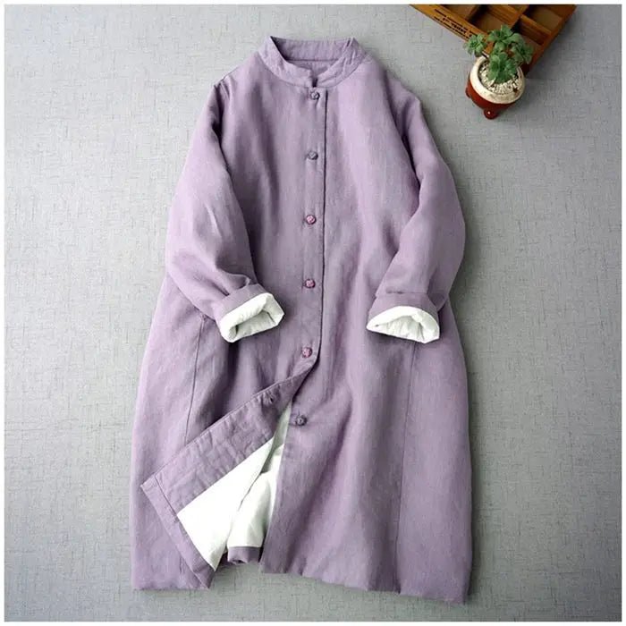 Long Cotton Coat With Standing Collar Buckle Quilted Warm Mid Length Chinese Style - SN Wigs & More