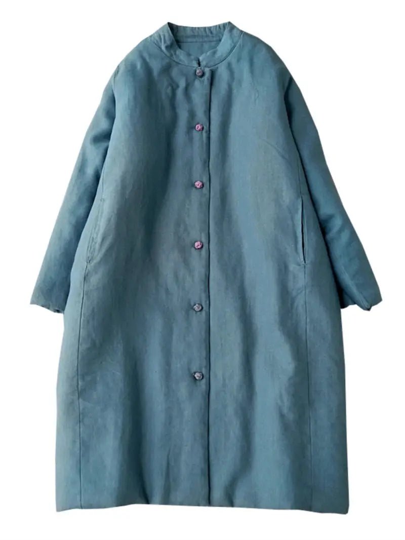 Long Cotton Coat With Standing Collar Buckle Quilted Warm Mid Length Chinese Style - SN Wigs & More