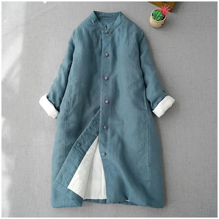 Long Cotton Coat With Standing Collar Buckle Quilted Warm Mid Length Chinese Style - SN Wigs & More