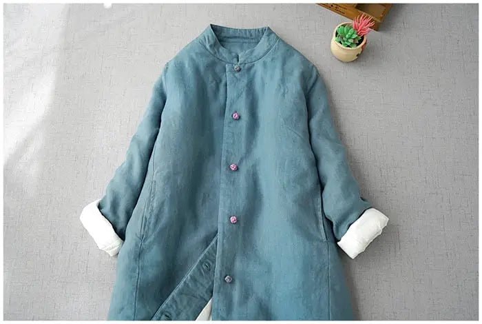 Long Cotton Coat With Standing Collar Buckle Quilted Warm Mid Length Chinese Style - SN Wigs & More