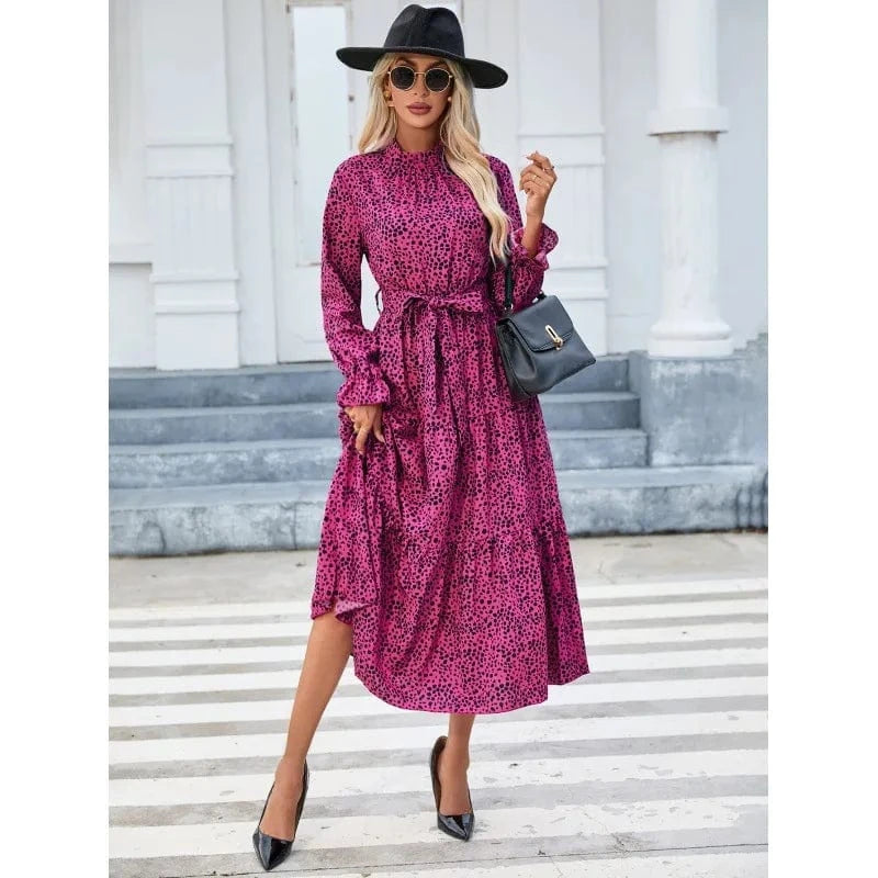 Long Dress for Women 2024 Autumn Party Dresses Vestido Casual Robe Female Clothing Long Sleeves Print Belt Elegant Maxi Dress